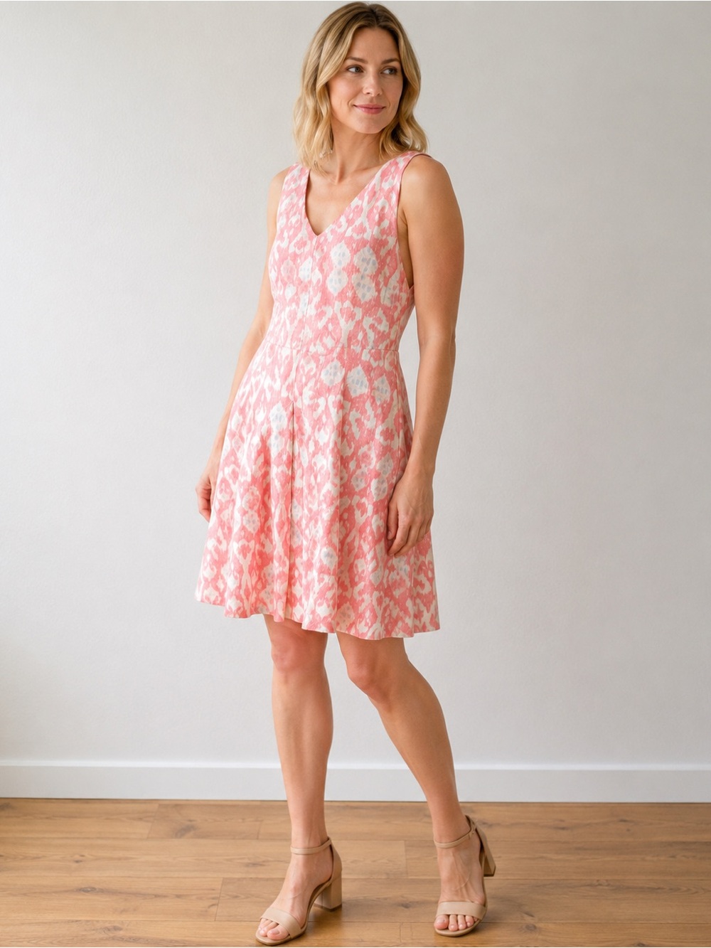 NWT Gap 100% Linen Pink Ikat Fit & Flare Dress Size 12 - With Pockets